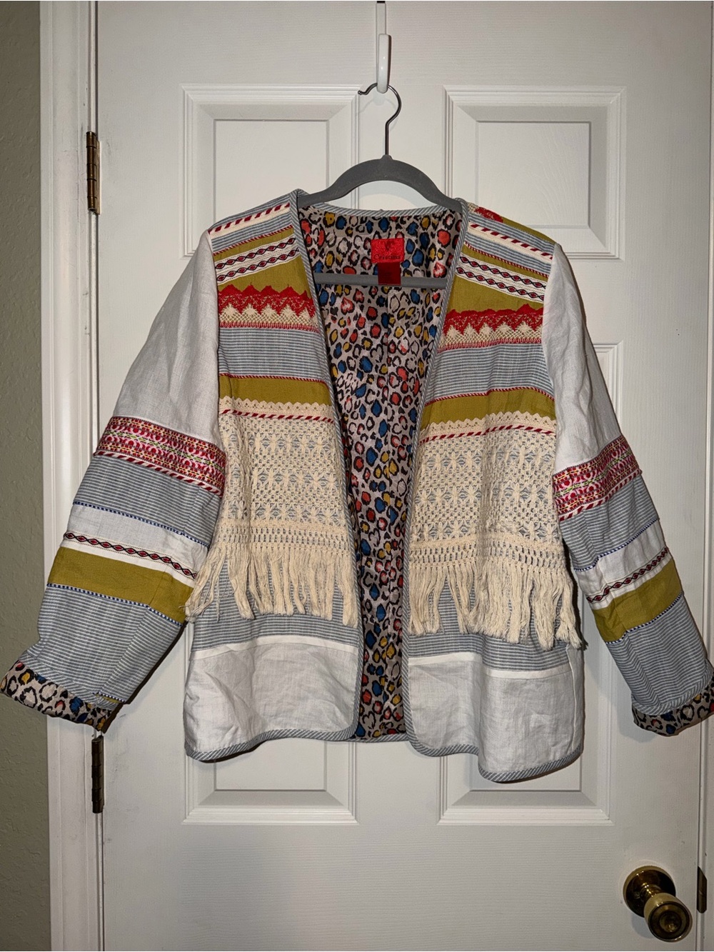 V Christina Multi-Color Crochet Fringe Boho Print Lined Linen Jacket